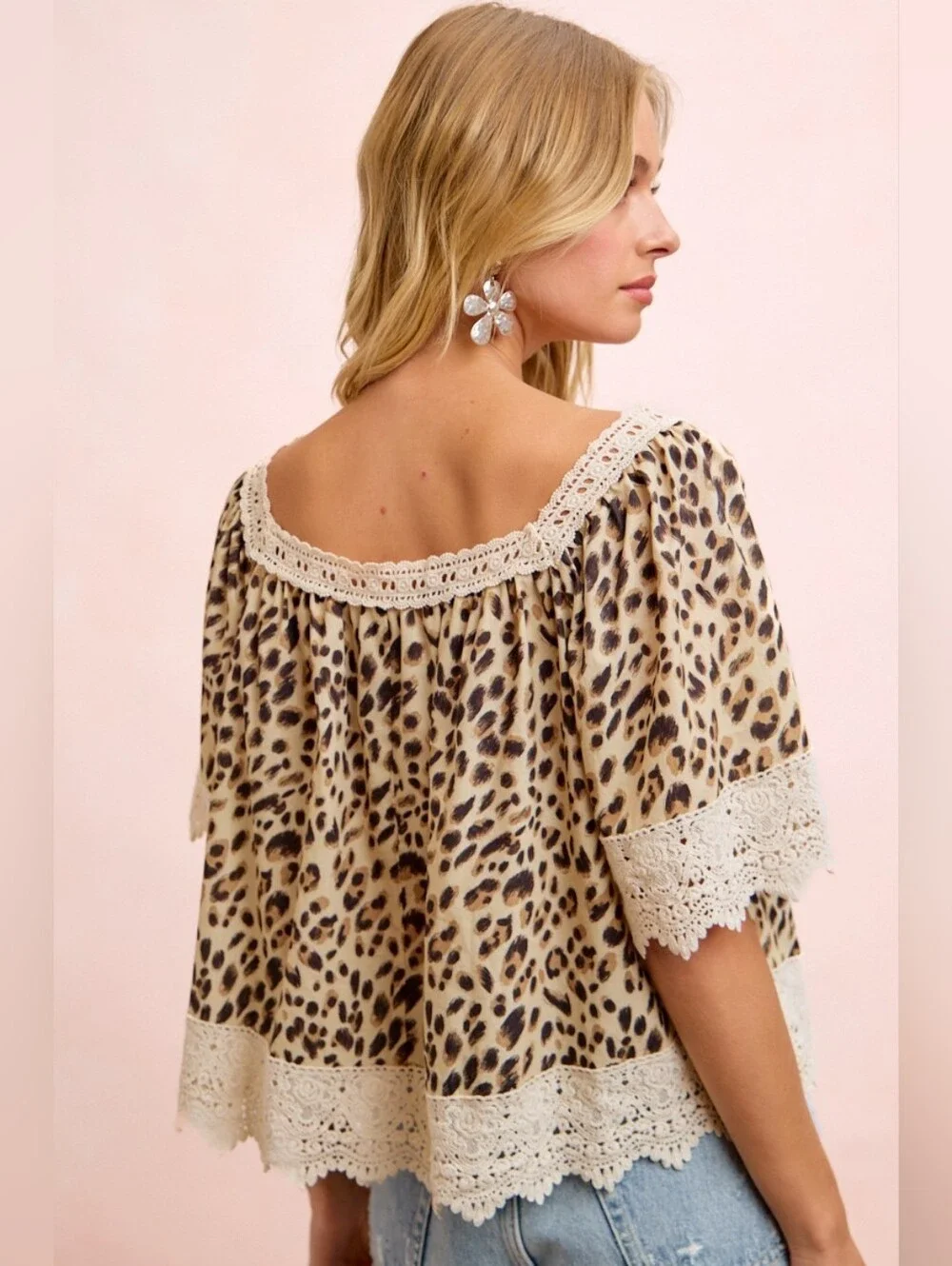 BiBi Leopard Lace Mix And Match Square Neckline Top- 100% Cotton- Fast Shipping! - Picture 4 of 10